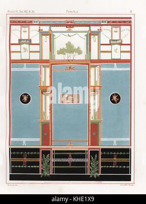 Wandbild mit der theatralischen Masken vom tablinum eines Hauses in VI.8.24.. Chromolithograph von Victor Steeger nach einer Illustration von geremia Discanno von Emile Presuhn's Les Plus Belles Peintures de Pompei (Die schönsten Gemälde von Pompeji), Leipzig, 1881. Stockfoto