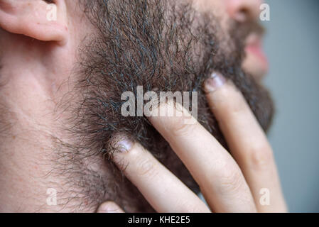 Close up Seitenansicht männliche Hand berührt den Bart Stockfoto