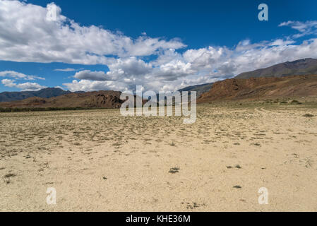 Malerische Wüste steppe Landschaft mit Bergen. Trockenes land mit seltenen Pflanzen wie die Vordergrundfarbe, Berge, Himmel und Wolken im Hintergrund. Stockfoto