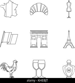 Frankreich Symbole gesetzt, outline Style Stock Vektor