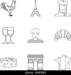Aufenthalt in Frankreich Symbole gesetzt, outline Style Stock Vektor