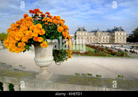 Paris, Frankreich. Jardin du Luxembourg (6. Arr) Palais du Luxembourg und Blumen Stockfoto