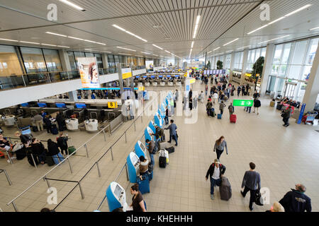 Menschen besuchen Abflughalle im Flughafen Schiphol Stockfoto
