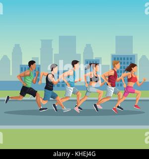 Marathon in der Stadt Cartoon Stock Vektor