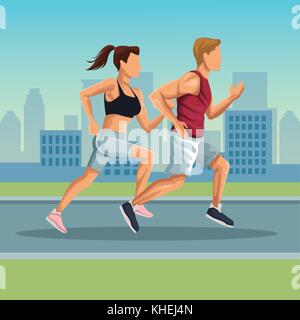 Marathon in der Stadt Cartoon Stock Vektor