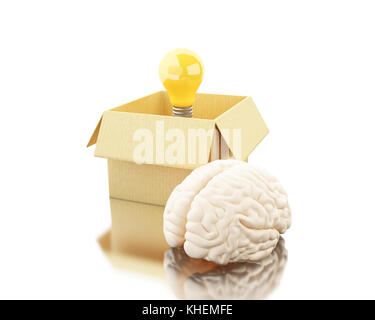 3d-Abbildung. Gehirn mit ligthbulb und Karton. Denken außerhalb der Box. open mind Konzept. isoliert weißer Hintergrund Stockfoto