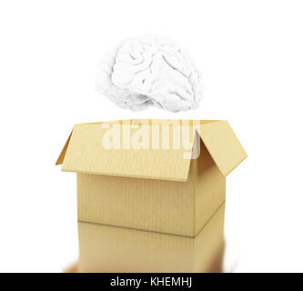 3d-Abbildung. Gehirn mit Karton. Denken außerhalb der Box. open mind Konzept. isoliert weißer Hintergrund Stockfoto