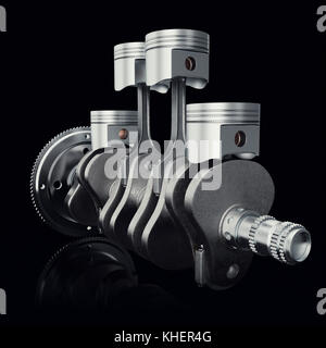 Kolben und Zahnrad des V4-Motors auf schwarzem Hintergrund. Kolben und Kurbelwelle. Vierzylindermotor. V4-Motor. Konzept des modernen Pkw-Motors. 3D-Rendering Stockfoto