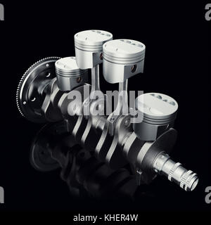 Kolben und Zahnrad des V4-Motors auf schwarzem Hintergrund. Kolben und Kurbelwelle. Vierzylindermotor. V4-Motor. Konzept des modernen Pkw-Motors. 3D-Rendering Stockfoto