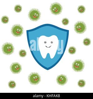 Zahn Charakter in Schutzschild. Keime Charaktere angreifen. Stock Vektor