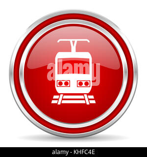 Trainiere das Netz und das Mobiltelefon-Symbol auf weißem Hintergrund mit Schatten in rotem silbernem Metallic-Chrom Stockfoto