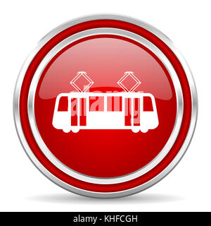 Tram Red Silver Chrom Border Web und Mobiltelefon Symbol auf weißem Hintergrund mit Schatten Stockfoto
