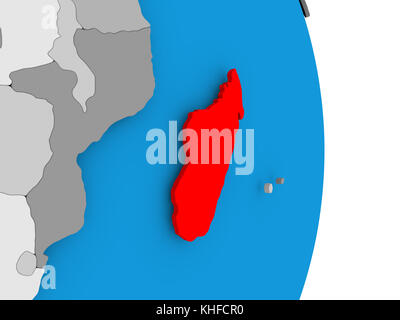 Madagaskar in Rot als Modell des politischen Globus. 3D-Abbildung. Stockfoto