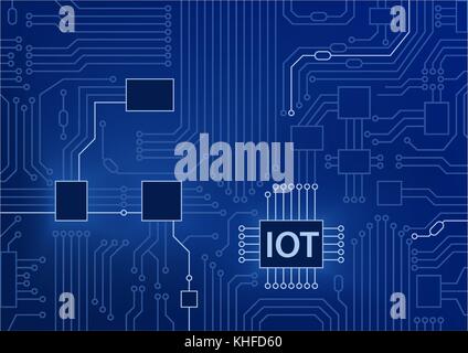 Iot text auf Platine mit blauem Hintergrund dargestellt. Internet der Dinge Konzept Vector Illustration Stock Vektor