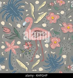 Kreative Sommer Muster mit exotischen Vögeln von Flamingo auf Hintergrund mit exotischen Pflanzen, Palmen und Blumen. Vector Illustration Stock Vektor