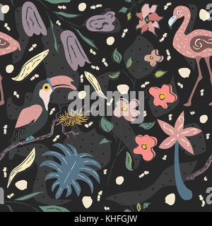 Kreative Sommer Muster mit exotischen Vögeln von Flamingo auf Hintergrund mit exotischen Pflanzen, Palmen und Blumen. Vector Illustration Stock Vektor