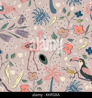 Kreative Sommer Muster mit exotischen Vögeln von Flamingo auf Hintergrund mit exotischen Pflanzen, Palmen und Blumen. Vector Illustration Stock Vektor
