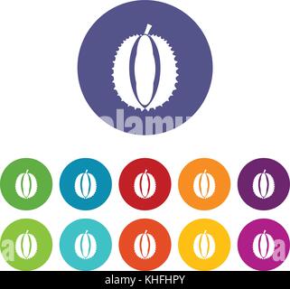 Durian set Symbole in verschiedenen Farben auf weißem Hintergrund Stock Vektor