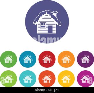 Holzhaus mit Schnee set Symbole in verschiedenen Farben auf weißem Hintergrund abgedeckt Stock Vektor