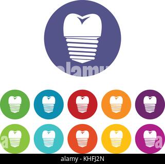 Zahn gesetzt Symbole in verschiedenen Farben auf weißem Hintergrund Implantat Stock Vektor