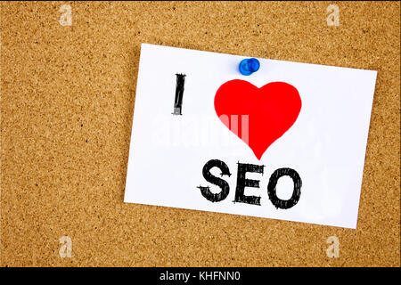 Konzeptionelle Hand schreiben Bildunterschrift inspiration Übersicht SEO Suchmaschinen Optimierung. Business Konzept für SEO Liebe auf Zettel geschrieben, reminde Stockfoto