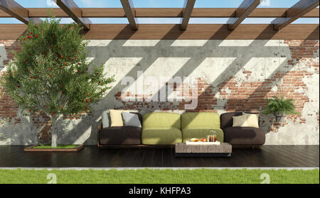 Garten mit Braun und Grün rot Palette sofa auf dunkler Holzfußboden, Apfelbaum und alte Mauer - 3D-Rendering Stockfoto