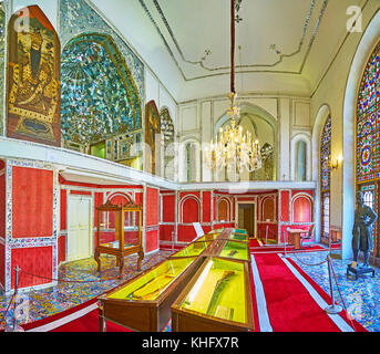 Teheran, Iran - Oktober 11, 2017: talar-e Almas (Halle des Diamanten) der Golestan Palast als Ausstellungshalle dient, am 11. Oktober in Teheran. Stockfoto