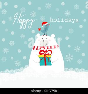 Hand gezeichnet cute Polar Bear holding Geschenkbox kawaii Vogel in Santa Clause hat auf seinem Kopf happy holidays Text Beschriftung blau weiß verschneiten Hintergrund. Stock Vektor