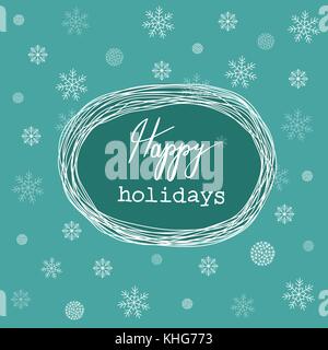 Hand gezeichnet schlampig Doodle sketchy White christmas Wreath frame frohe Feiertage wünscht Schriftzug. Cartoon Stil. türkis Hintergrund. Schneeflocken Stock Vektor