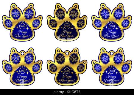 Hund Pfote 2018 Der neue Jahr. Eingestellt von Aufklebern und hängespielzeug der blaue Hund Pfote mit Abbildung der Schneeflocken, Weihnachtsbaum Spielzeug, starrt und Beschriftung Stock Vektor