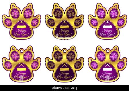 Neues Jahr hängespielzeug der Hund die Pfote. Eingestellt von Aufklebern und Hängespielzeug lila Hund Pfote mit Abbildung der Schneeflocken, Santa Claus hat und Aufschrift ha Stock Vektor