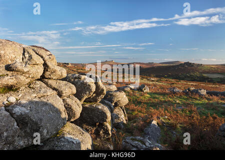 Blick von hayne nach unten in Richtung haytor, Sattel Tor, rippon Tor und hound Tor auf dartmoor Stockfoto