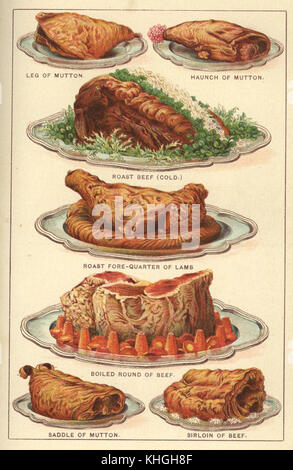 Dieses Foto aus dem Jahr 1901 zeigt verschiedene Stücke von gebratenem Fleisch, die auf silbernen Platten angeordnet sind, und veranschaulicht die Essensbräuche und Essenspräsentation der Zeit. Stockfoto