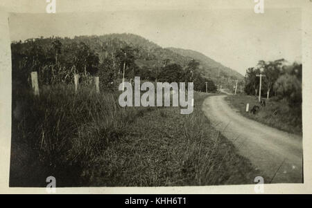 Dieses Foto aus den späten 1930er Jahren zeigt die Straße zum Myrtle Creek in Proserpine, Queensland, Australien. Das Bild spiegelt die ländliche Umgebung wider, erfasst die Landschaft der Region während dieser Zeit und bietet Einblicke in die ländliche Infrastruktur und Entwicklung Australiens. Stockfoto