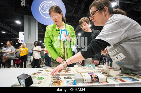 Geologen, Wissenschaftler und Ingenieure des U.S. Department of Agriculture (USDA) nehmen am „Meet the Scientists and Engineers Program“ Teil, das während des 4. US Science & Engineering Festivals im Walter E. Washington Convention Center in Washington D.C am Sonntag, den 17. April 2016 stattfindet. USDA Agricultural Research Service (ARS) Administrator Dr. Chavonda Jacobs-Young ist im Hintergrund zu sehen Besuch Interview Tabellen, wo Studenten in-Person Interviews mit USDA Chemiker, Biologen, Geologen, Entomologen, Ingenieure, Genetiker, und mehr führen können. USDA ist Sponsor und Aussteller bei US Stockfoto