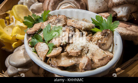 Mushroom Sauté a la Vince mit Pilzen, Butter und Petersilie, die mit einer rohen Auster, Crimini und portobello-Pilzen im VegU-Bildungszelt während des USDA People’s Garden - Farmers Market Fall Harvest Festival am Freitag, 29. Oktober 2016 in Washington ausgestellt werden, D.C. Country Fresh Mushroom Co. Regional Sales Manager Dave Santucci kochte und sprach über die Zubereitung während seiner Food Rezept Demonstration. Muster werden nach jeder Demonstration im VegU-Zelt zur Verfügung gestellt. Die Pilzanzeige und Informationen wurden in Zusammenarbeit mit dem American Mushroom Institute, Mushroom Counci, präsentiert Stockfoto