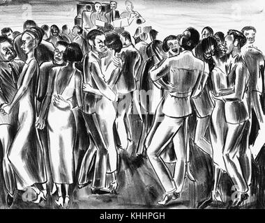 Holzkohle Skizze der afrikanisch-amerikanische Tänzer Abhören einer Jazz Band im Savoy Ballroom, Harlem, New York, 1939. Von der New York Public Library. Stockfoto