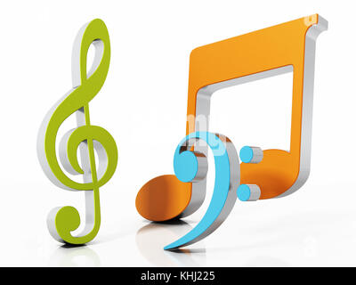 Musikalische Symbole auf weißem Hintergrund isoliert. 3D Abbildung. Stockfoto