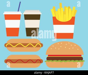 Flaches Design Illustration eines Fast-Food-Mahlzeit mit Essen und Trinken, auf Hintergrund-Vektor Stock Vektor