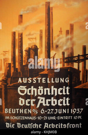 Die Geschichte des Nationalsozialismus Nazi Propaganda Poster der Ausstellung Schönheit der Arbeit im Jahr 1937 organisierten in Bytom, Polen. Stockfoto