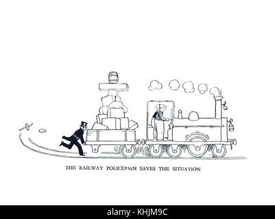Eisenbahnpolizist rettet die Situation, Cartoon von William Heath Robinson Stockfoto