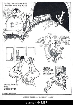 Verschiedene Aufgaben der Eisenbahnpolizei, Cartoon von William Heath Robinson Stockfoto