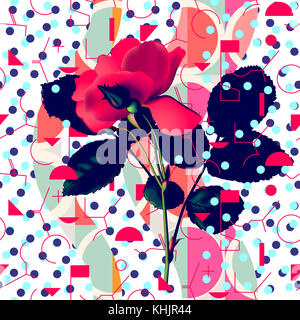 Nahtlose floralen Muster Hintergrund. Rote Rose über trendige Geometrisches Ornament. modische Memphis Retro Design. vector Gitter Abbildung: Stockfoto