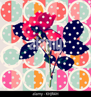 Nahtlose floralen Muster Hintergrund. Rote Rose über trendige Geometrisches Ornament. modische Memphis Retro Design. vector Gitter Abbildung: Stockfoto