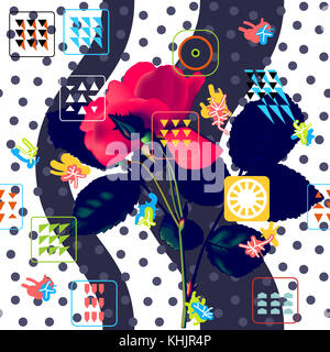 Nahtlose floralen Muster Hintergrund. Rote Rose über trendige Geometrisches Ornament. modische Memphis Retro Design. vector Gitter Abbildung: Stockfoto