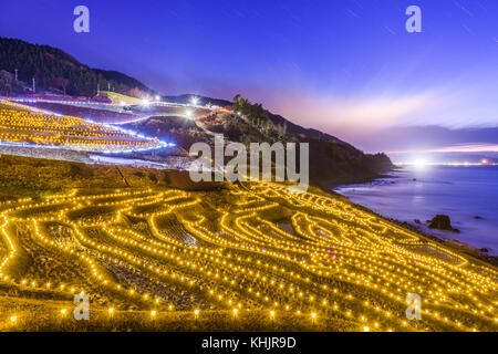 Wajima, Japan in der Shiroyone Senmaida Reisterrassen Nacht leuchten. Stockfoto