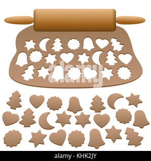 Lebkuchen Teig mit einem Nudelholz und schneiden Sie Lebkuchen Cookies - Abbildung auf weißen Hintergrund. Stockfoto