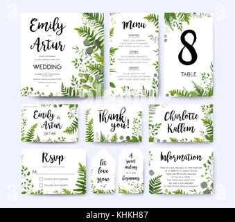 Hochzeit einladen, Einladung Menü rsvp Danke Karte vektor Blumen Grün design: Wald fern Wedel, Eukalyptus Zweig grüne Blätter Laub Kräuter gre Stock Vektor