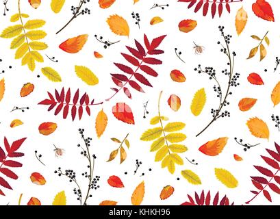 Vektor nahtlose Patten Hintergrund Blumen Aquarell stil Herbst Herbst Jahreszeit bunte fallende orange gelb braun rot Herbstlaub Beeren Wald Ahorn Stock Vektor