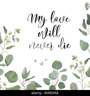 Eukalyptus Silver Dollar grüne Zweige, Blätter Laub Zusammensetzung Grenze Rahmen. Vektor Blumen Aquarell stil Wald elegante Süße anniversar Stock Vektor